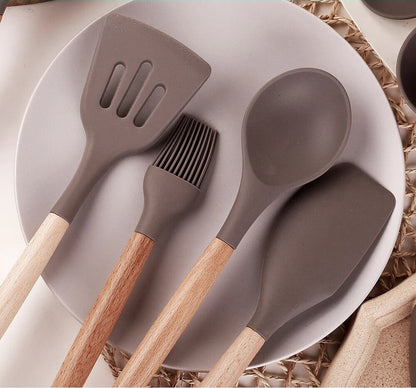 Anygleam Kitchen Utensils 7 Set Khaki Natural Beech Wooden Handle Cookware Tool with Storage Heat Resistant Non Stick Accessories-Spatula and Shovel-PEROZ Accessories