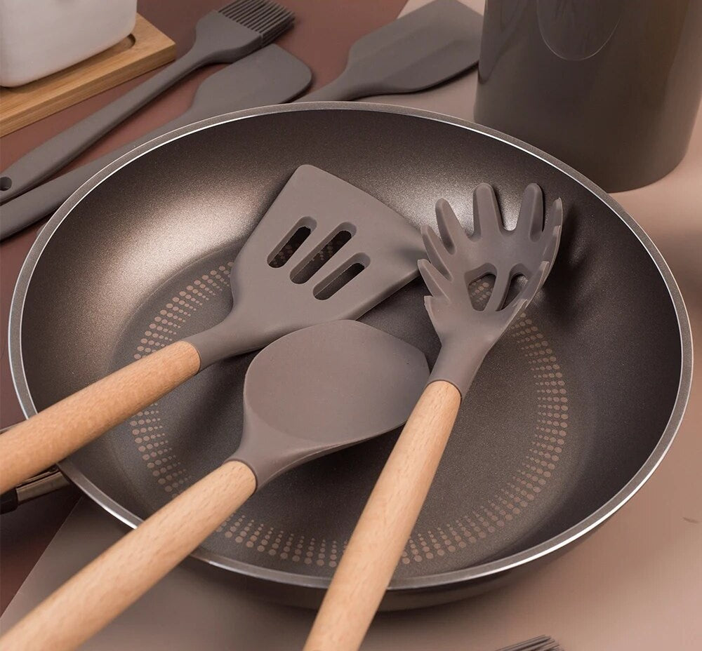 Anygleam Kitchen Utensils 7 Set Khaki Natural Beech Wooden Handle Cookware Tool with Storage Heat Resistant Non Stick Accessories-Spatula and Shovel-PEROZ Accessories