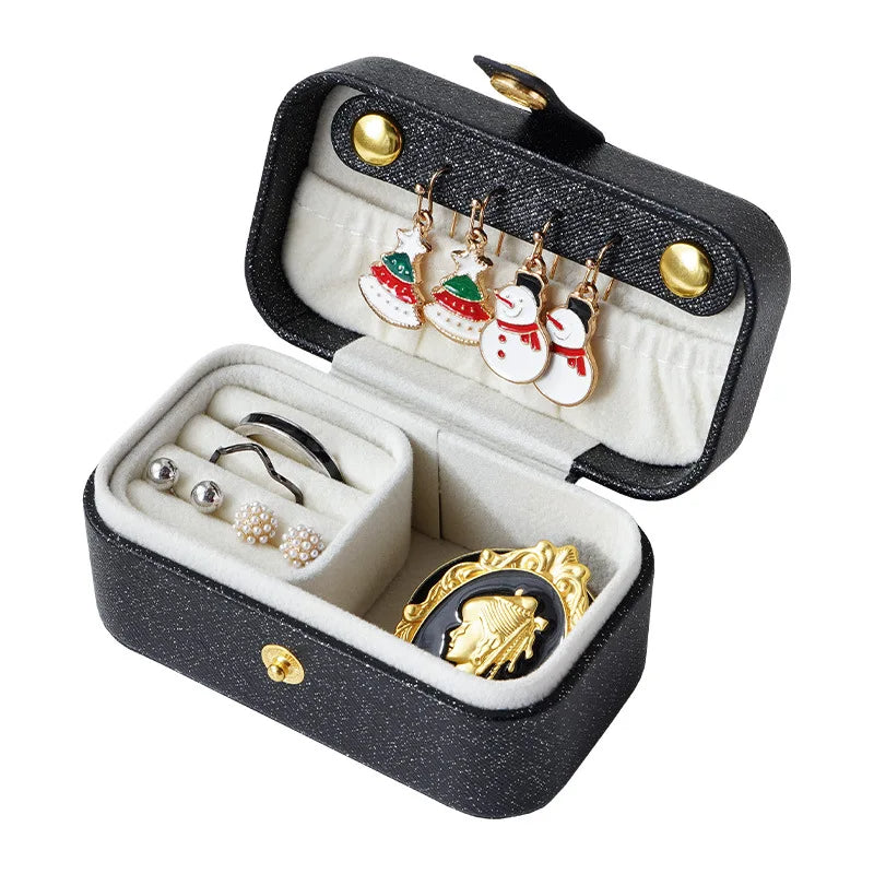 Anyhouz Jewelry Storage Mini Ring Box Portable 2pc New Black Organizer Display Travel Simple Mini Gift Case Boxes Leather Earring Necklace Holder-Jewellery Holders &amp; Organisers-PEROZ Accessories