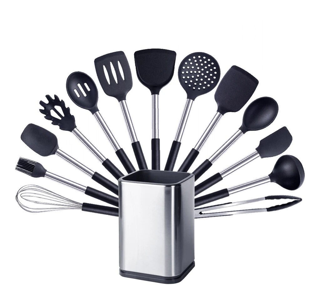 Anygleam Kitchen Utensils Non-stick Black/ Silver 13 Set Cooking Tool with Storage Box Accessories Heat Resistant Kitchenware-Spatula and Shovel-PEROZ Accessories