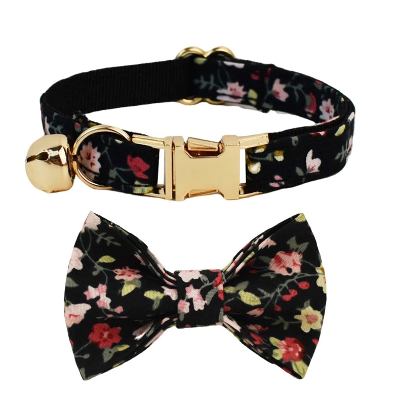 AnyWags Cat Collar Floral Vines Black Bow Small with Safety Buckle, Bell, and Durable Strap Stylish and Comfortable Pet Accessor-Cat Supplies-PEROZ Accessories