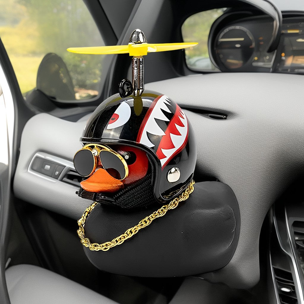 Anypack Car Ornaments Rubber Black Duck for Car Dashboard Decorations Cool Glasses Duck with Propeller Helmet Gold Chain-Car Accessories-PEROZ Accessories