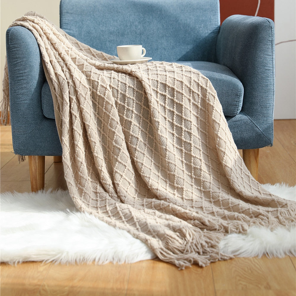 Anyhouz Beige Blanket Faux Cashmere Sofa Cover Nordic Style Knit Plaid Throw Tassels Bedspread Golden Blanket for Spring Summer 127*172cm-Blankets-PEROZ Accessories
