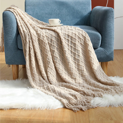 Anyhouz Beige Blanket Faux Cashmere Sofa Cover Nordic Style Knit Plaid Throw Tassels Bedspread Golden Blanket for Spring Summer 127*172cm-Blankets-PEROZ Accessories
