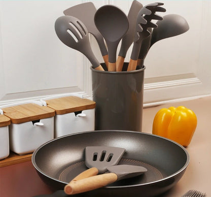 Anygleam Kitchen Utensils 7 Set Khaki Natural Beech Wooden Handle Cookware Tool with Storage Heat Resistant Non Stick Accessories-Spatula and Shovel-PEROZ Accessories