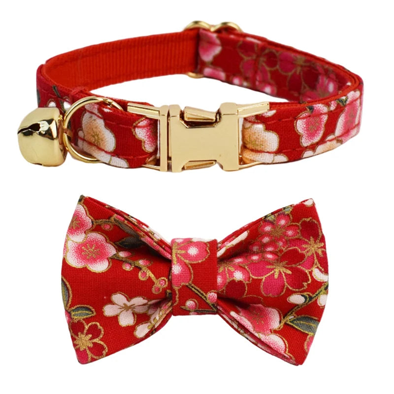 AnyWags Cat Collar Floral Red Bow Small with Safety Buckle, Bell, and Durable Strap Stylish and Comfortable Pet Accessor-Cat Supplies-PEROZ Accessories