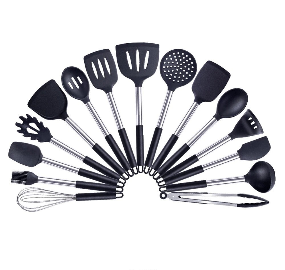 Anygleam Kitchen Utensils Non-stick Black/ Silver 15 Set Cooking Tool Accessories Heat Resistant Kitchenware-Spatula and Shovel-PEROZ Accessories
