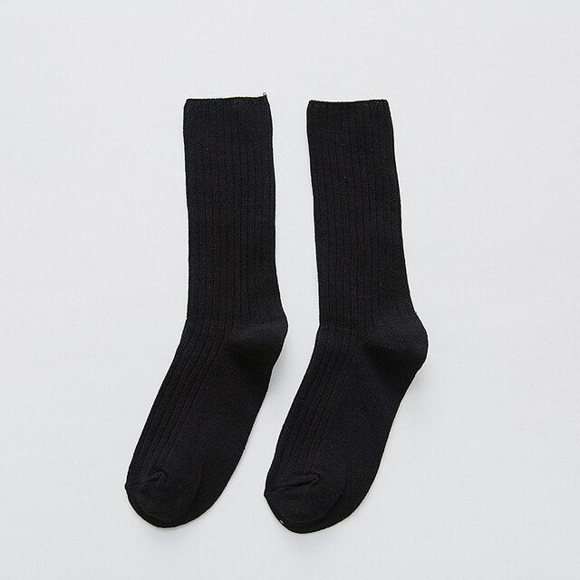 Anysox 5 Pairs One Size 36-43 Black Retro Long Knitted Socks Cotton Autumn Winter Solid Color Women Student Girls-Socks-PEROZ Accessories
