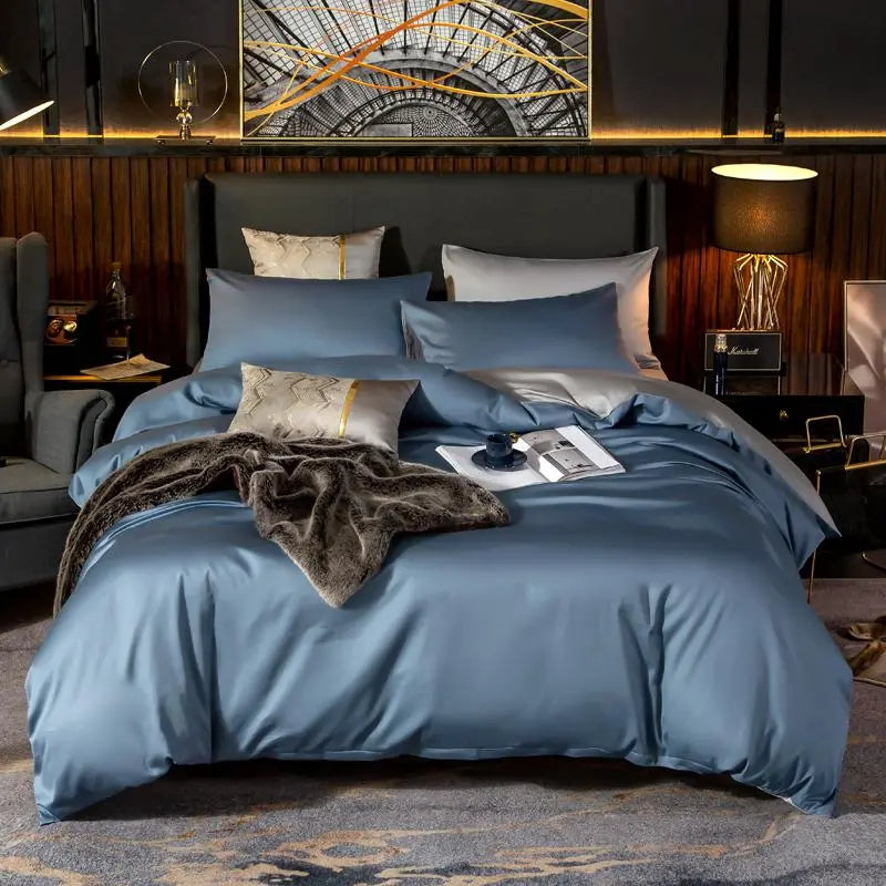 Anyhouz Duvet Comforter Set Full Blue/ Light Grey Egyptian Cotton Thick Blanket Bedspread 4 Pcs Bed Set-Comforter-PEROZ Accessories