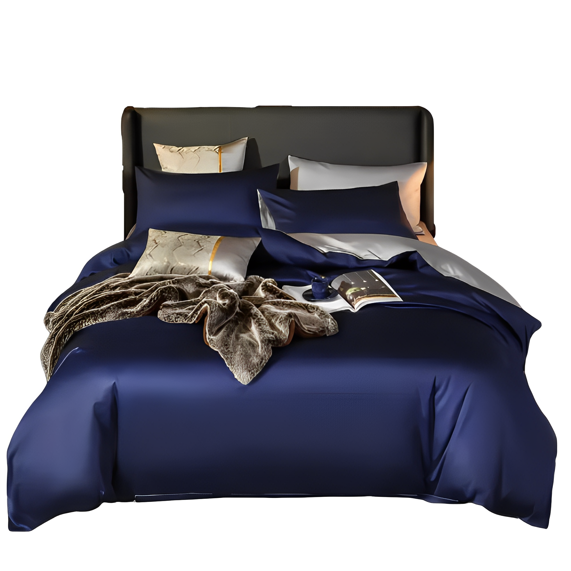 Anyhouz Duvet Comforter Set UK King Navy Blue/ Light Grey Egyptian Cotton Thick Blanket Bedspread 6 Pcs Bed Set-Comforter-PEROZ Accessories