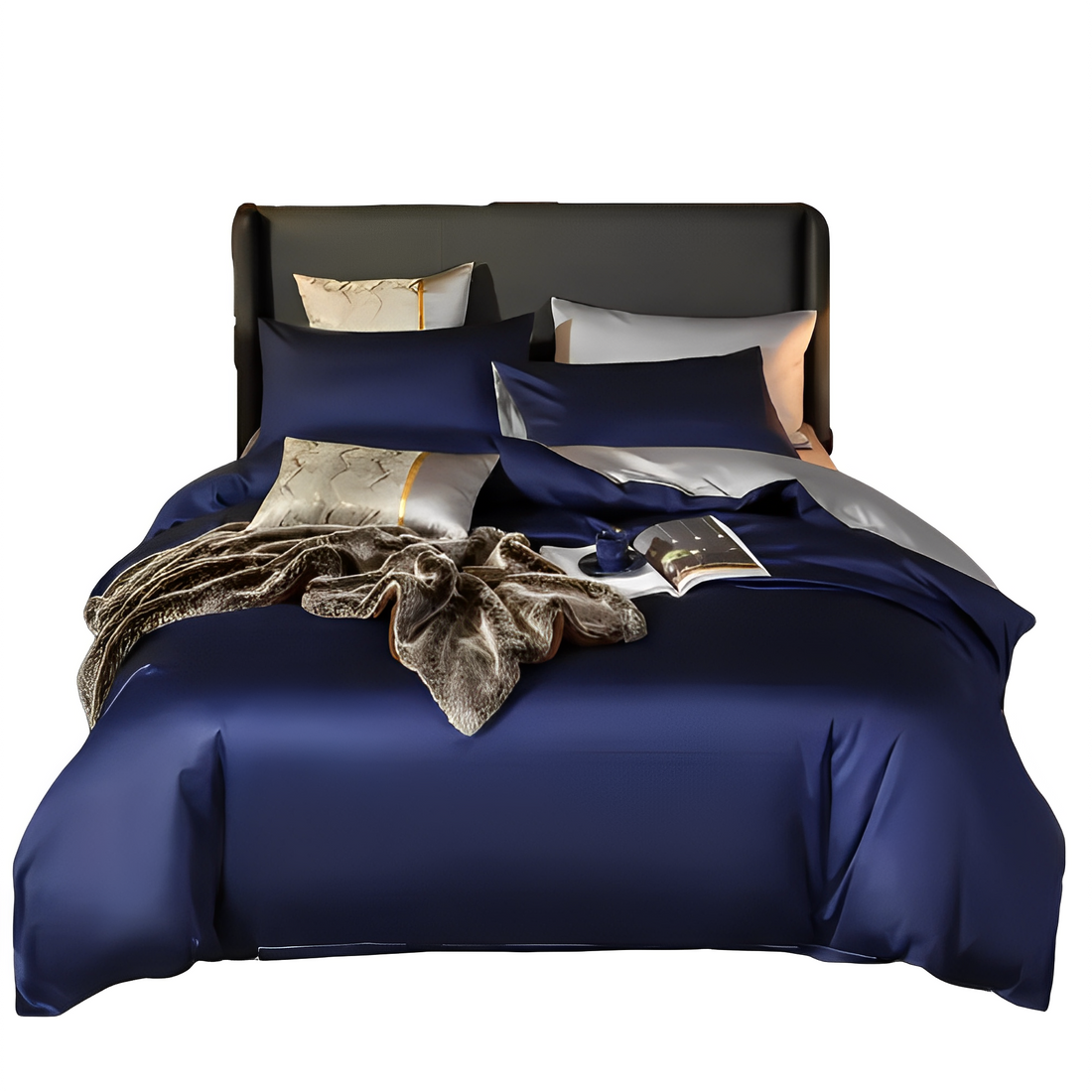 Anyhouz Duvet Comforter Set Double Navy Blue/ Light Grey Egyptian Cotton Thick Blanket Bedspread 4 Pcs Bed Set-Comforter-PEROZ Accessories