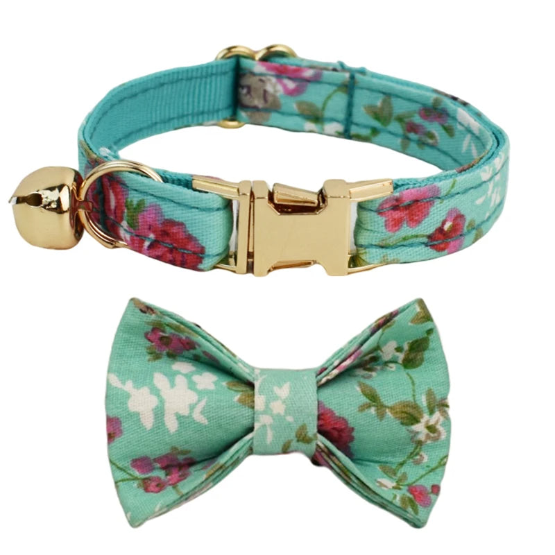 AnyWags Cat Collar Floral Green Bow Large with Safety Buckle, Bell, and Durable Strap Stylish and Comfortable Pet Accessory-Cat Supplies-PEROZ Accessories