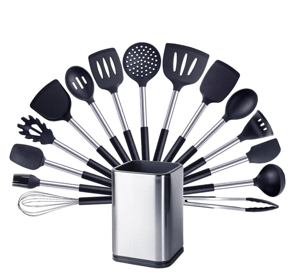 Anygleam Kitchen Utensils Non-stick Black/ Silver 15 Set Cooking Tool with Storage Box Accessories Heat Resistant Kitchenware-Spatula and Shovel-PEROZ Accessories