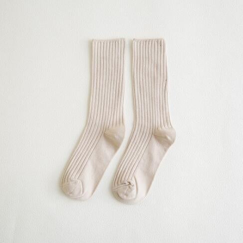 Anysox 5 Pairs One Size 36-43 Beige Retro Long Knitted Socks Cotton Autumn Winter Solid Color Women Student Girls-Socks-PEROZ Accessories