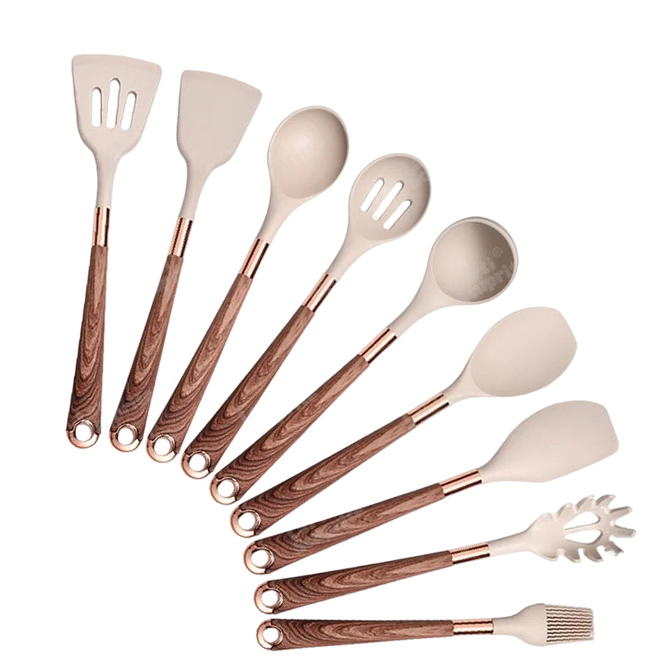 Anygleam Kitchen Utensils Non-stick Brown 9 Set Gold Plated Handle with Support Point Cooking Tool Accessories Heat Resistant Kitchenware-Spatula and Shovel-PEROZ Accessories