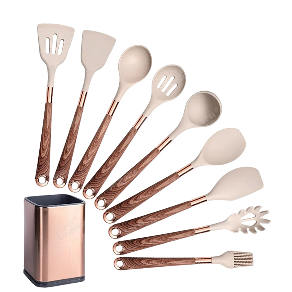 Anygleam Kitchen Utensils Non-stick Brown 9 Set Gold Plated Handle with Support Point and Storage Box Cooking Tool Accessories Heat Resistant Kitchenware-Spatula and Shovel-PEROZ Accessories