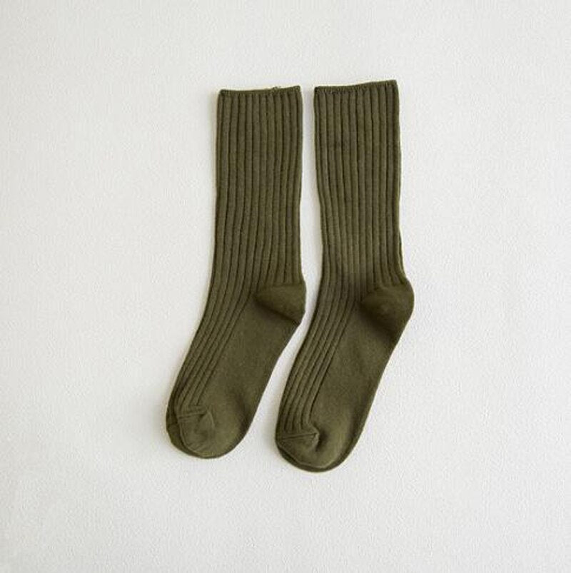 Anysox 5 Pairs One Size 36-43 Green Retro Long Knitted Socks Cotton Autumn Winter Solid Color Women Student Girls-Socks-PEROZ Accessories