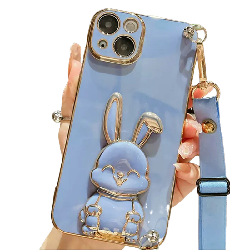 Anymob iPhone Case Shockproof Blue Rabbit Bracket Crossbody Lanyard Case Plating Stand Silicon Phone Cover-Mobile Phone Cases-PEROZ Accessories
