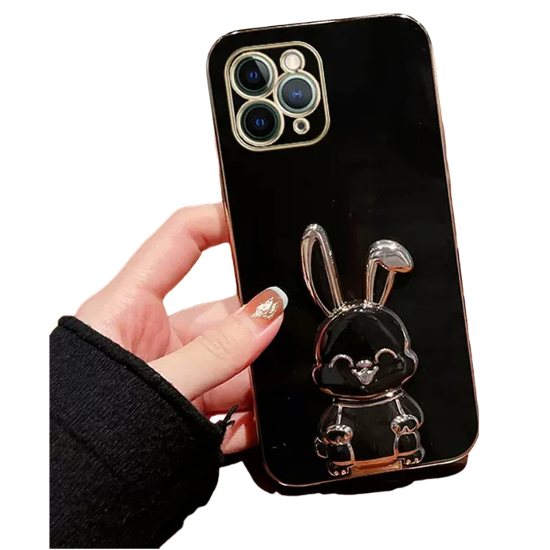 Anymob iPhone Case Shockproof Black Luxury Plating Rabbit Holder Phone Case Soft Silicone Stand Cover-Mobile Phone Cases-PEROZ Accessories