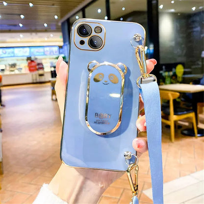 Anymob iPhone Case Shockproof Blue Plating Panda Crossbody Necklace Stand Lanyard Case Strap Cover-Mobile Phone Cases-PEROZ Accessories