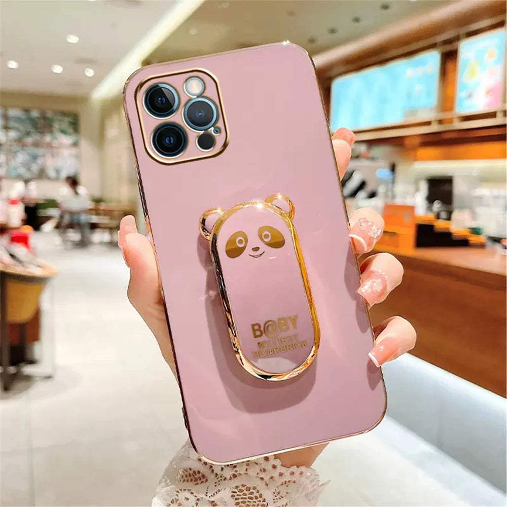 Anymob iPhone Case Shockproof Pink Plating Lovely Panda Fold Stand Phone Case Soft Silicone Cover-Mobile Phone Cases-PEROZ Accessories