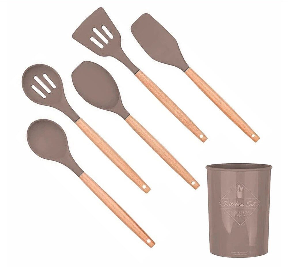Anygleam Kitchen Utensils 5 Set Khaki Natural Beech Wooden Handle Cookware Tool with Storage Heat Resistant Non Stick Accessories-Spatula and Shovel-PEROZ Accessories