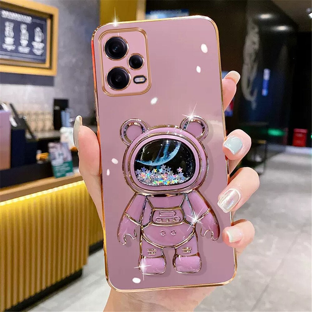 Anymob Samsung Case Pink Quicksand Space Bear Stand Phone Soft Cover Protection-Mobile Phone Cases-PEROZ Accessories