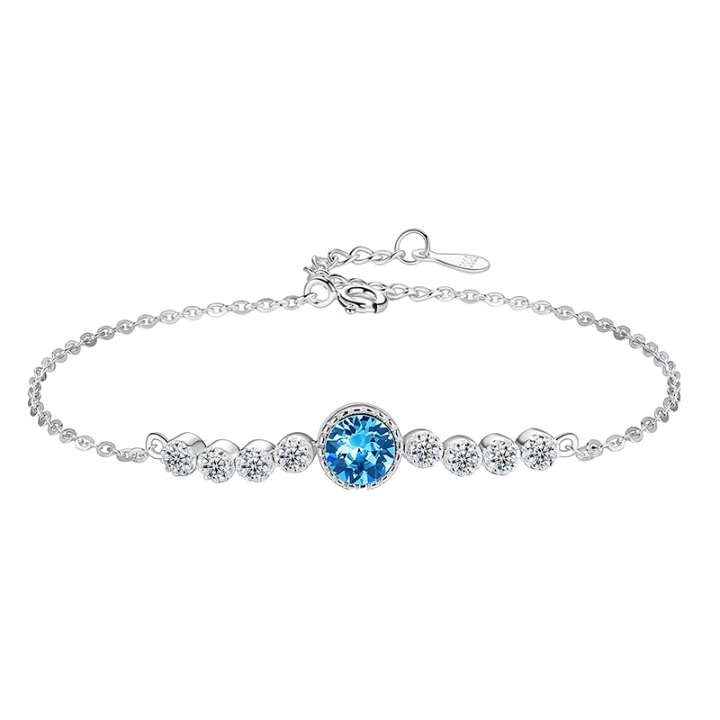 Anyco Bracelet 925 Sterling Silver Blue Pendant Charm Link Chain Austrian Crystal Jade Dainty Solitaire-Bracelets-PEROZ Accessories