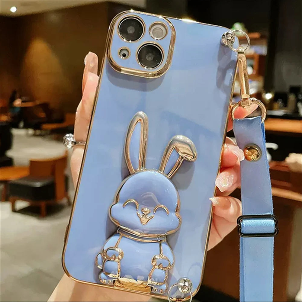 Anymob iPhone Case Shockproof Blue Rabbit Bracket Crossbody Lanyard Case Plating Stand Silicon Phone Cover-Mobile Phone Cases-PEROZ Accessories