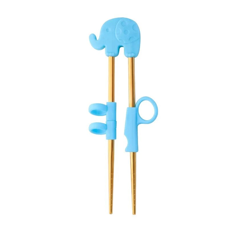 AnyGleam Chop Stick Blue Elephant 1 Pair Reusable Gold Stainless Steel Cartoon for Kids and Children Kitchen Accessories-Kitchen &amp; Dining-PEROZ Accessories