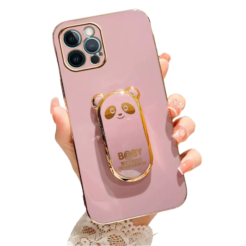 Anymob iPhone Case Shockproof Pink Plating Lovely Panda Fold Stand Phone Case Soft Silicone Cover-Mobile Phone Cases-PEROZ Accessories