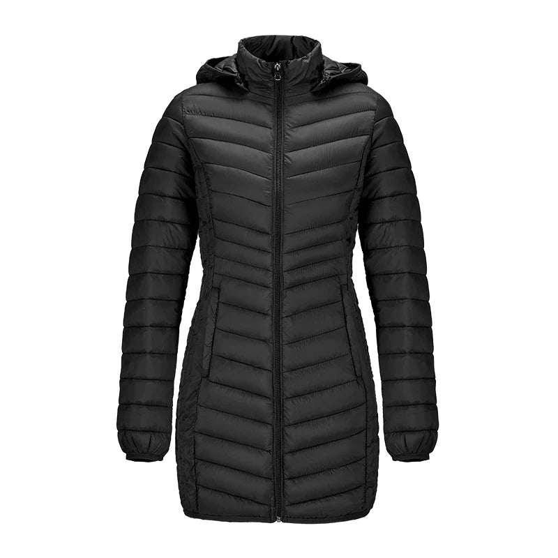 Anychic Womens Padded Puffer Jacket Medium Black Ultralightweight Long Parka With Detachable Hood Outdoor Warm Clothes-Coats &amp; Jackets-PEROZ Accessories