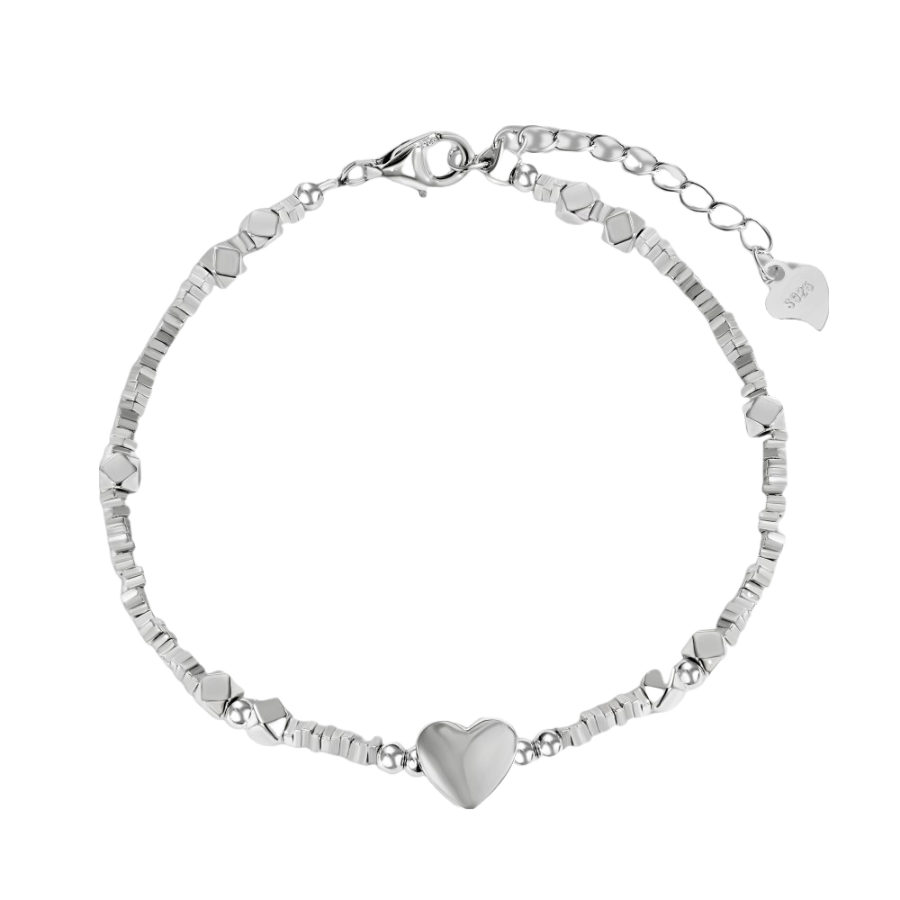 Anyco Bracelet Minimalist Hypoallergenic Non Tarnish S925 Silver bracelet Rhodium Plated Beaded Heart Pendant Bracelet for Women-Bracelets-PEROZ Accessories