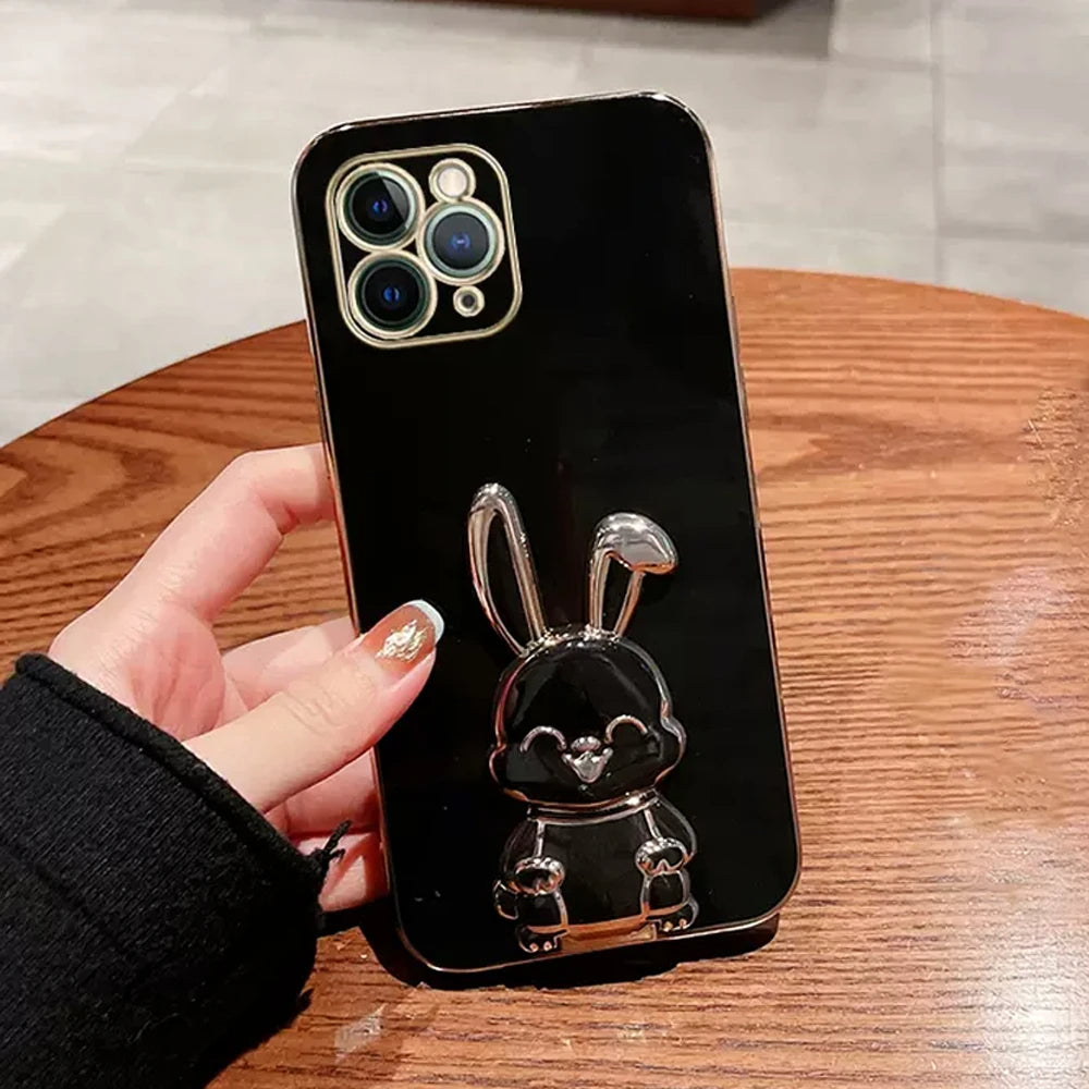 Anymob iPhone Case Shockproof Black Luxury Plating Rabbit Holder Phone Case Soft Silicone Stand Cover-Mobile Phone Cases-PEROZ Accessories