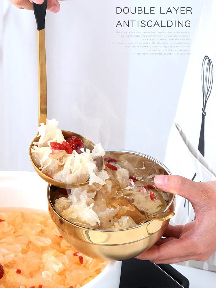 Anygleam Gold 2Pcs Big Stainless Steel Rice Bowl Single Anti-Scalding Layer Cooking Utensil-Kitchen &amp; Dining-PEROZ Accessories