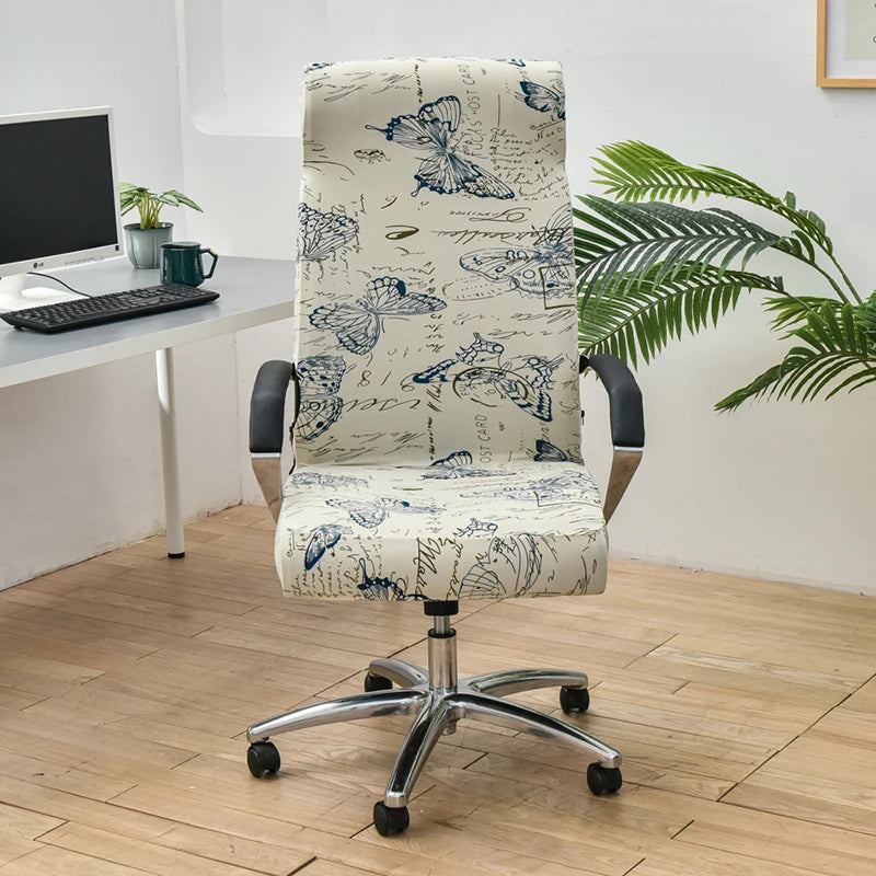 Anyhouz Office Chair Cover White Blue Butterfly Design Medium Non-Slip Rotating Seat Case Universal Armrest Chair Protector-Chair Cover-PEROZ Accessories