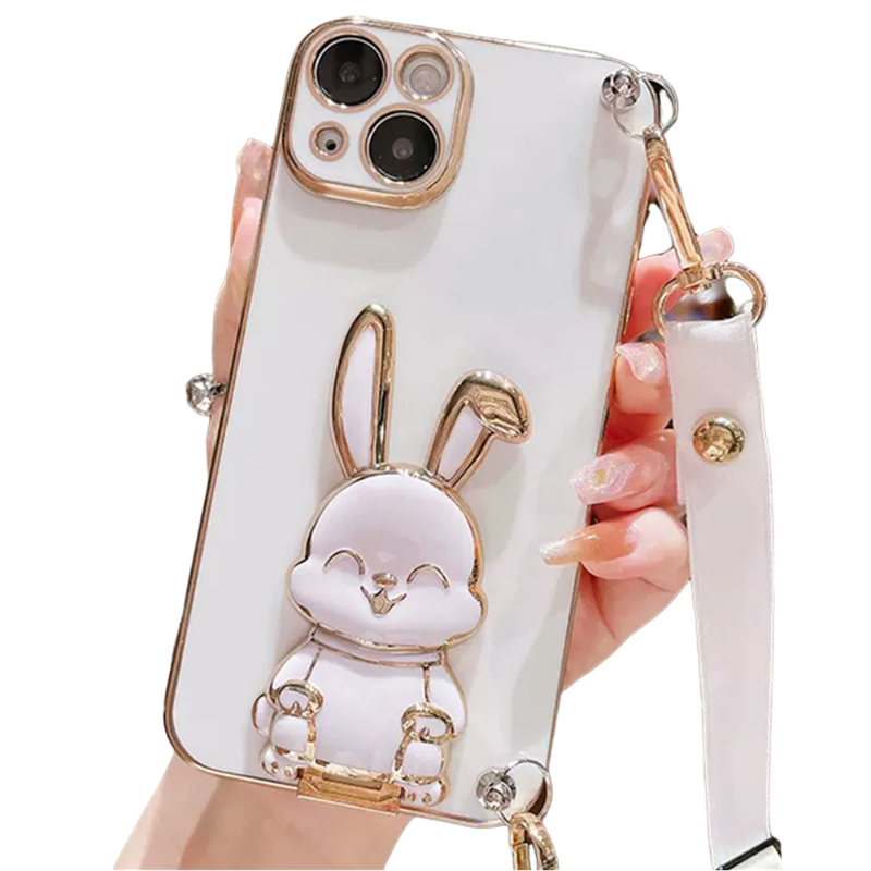 Anymob iPhone Case Shockproof White Rabbit Bracket Crossbody Lanyard Case Plating Stand Silicon Phone Cover-Mobile Phone Cases-PEROZ Accessories