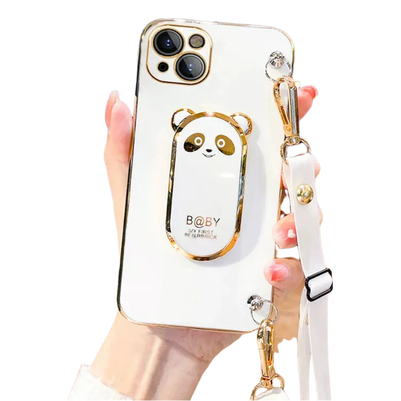 Anymob iPhone Case Shockproof White Plating Panda Crossbody Necklace Stand Lanyard Case Strap Cover-Mobile Phone Cases-PEROZ Accessories