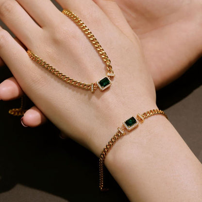 Anyco Bracelet Classic Emerald Charm Square Pendant Necklace Cubic Zirconia 925 Silver Chain Link-Bracelets-PEROZ Accessories