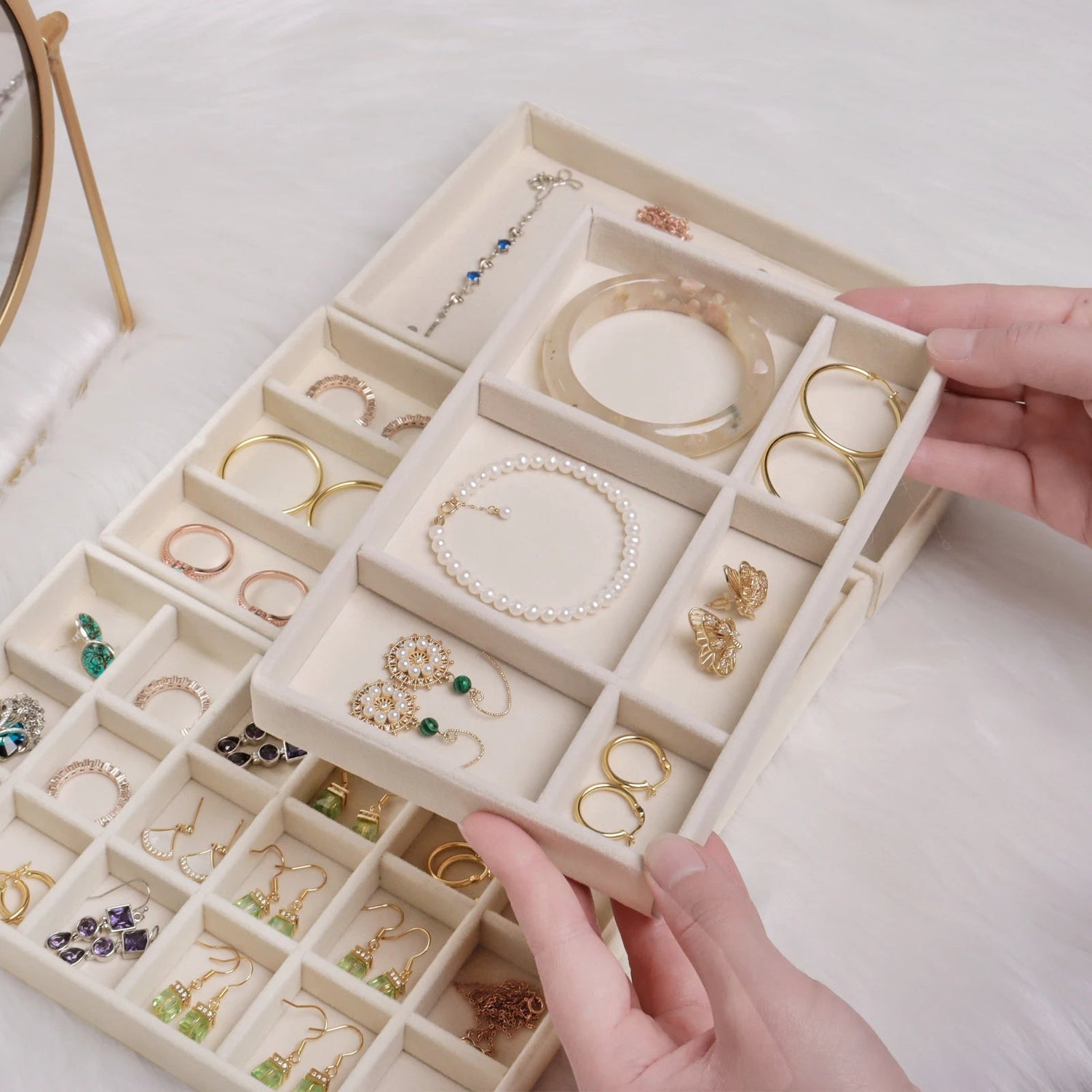 Anyhouz Jewelry Storage Beige Design F Display Tray Drawer Storage Jewellery Holder For Ring Earrings Necklace Bracelet-Jewellery Holders &amp; Organisers-PEROZ Accessories