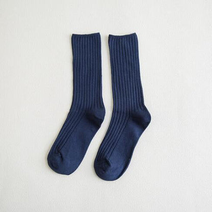 Anysox 5 Pairs One Size 36-43 Blue Retro Long Knitted Socks Cotton Autumn Winter Solid Color Women Student Girls-Socks-PEROZ Accessories