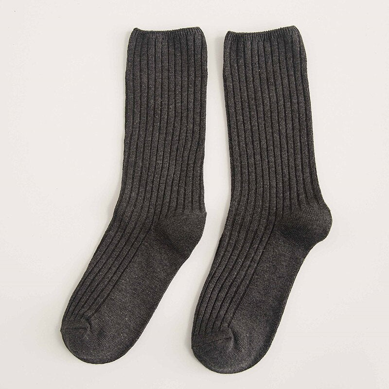 Anysox 5 Pairs One Size 36-43 Gray Retro Long Knitted Socks Cotton Autumn Winter Solid Color Women Student Girls-Socks-PEROZ Accessories