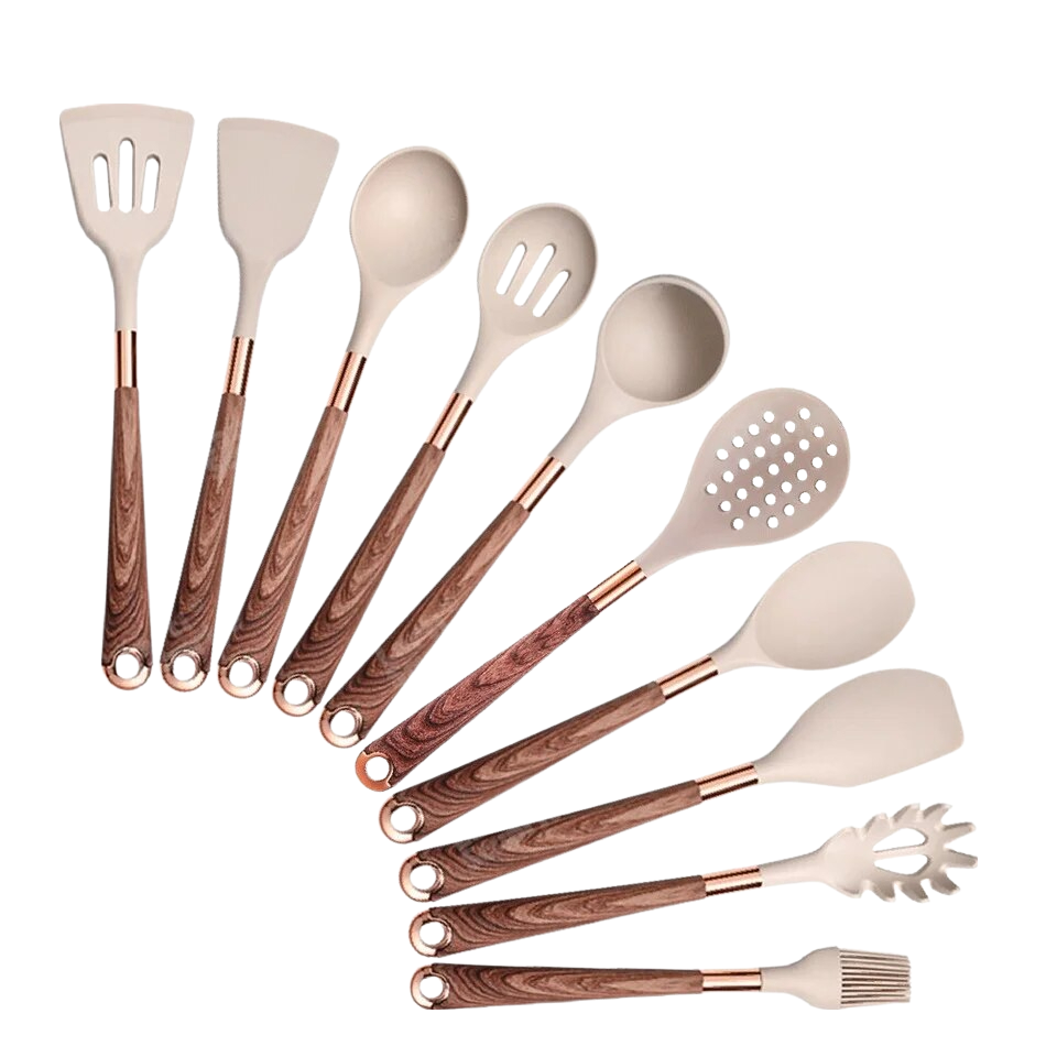 Anygleam Kitchen Utensils Non-stick Brown 10 Set Gold Plated Handle with Support Point Cooking Tool Accessories Heat Resistant Kitchenware-Spatula and Shovel-PEROZ Accessories