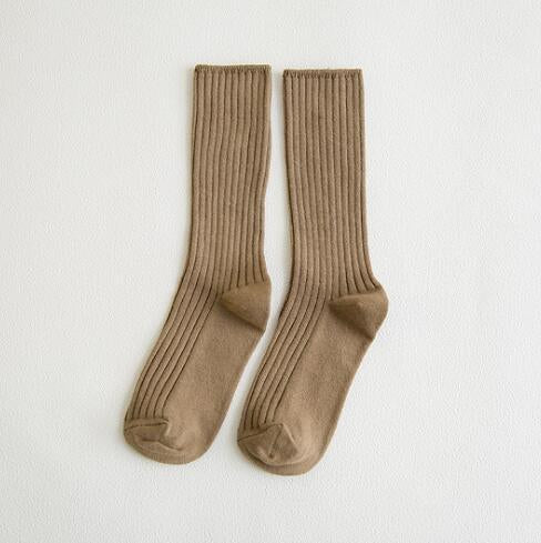 Anysox 5 Pairs One Size 36-43 Khaki Retro Long Knitted Socks Cotton Autumn Winter Solid Color Women Student Girls-Socks-PEROZ Accessories