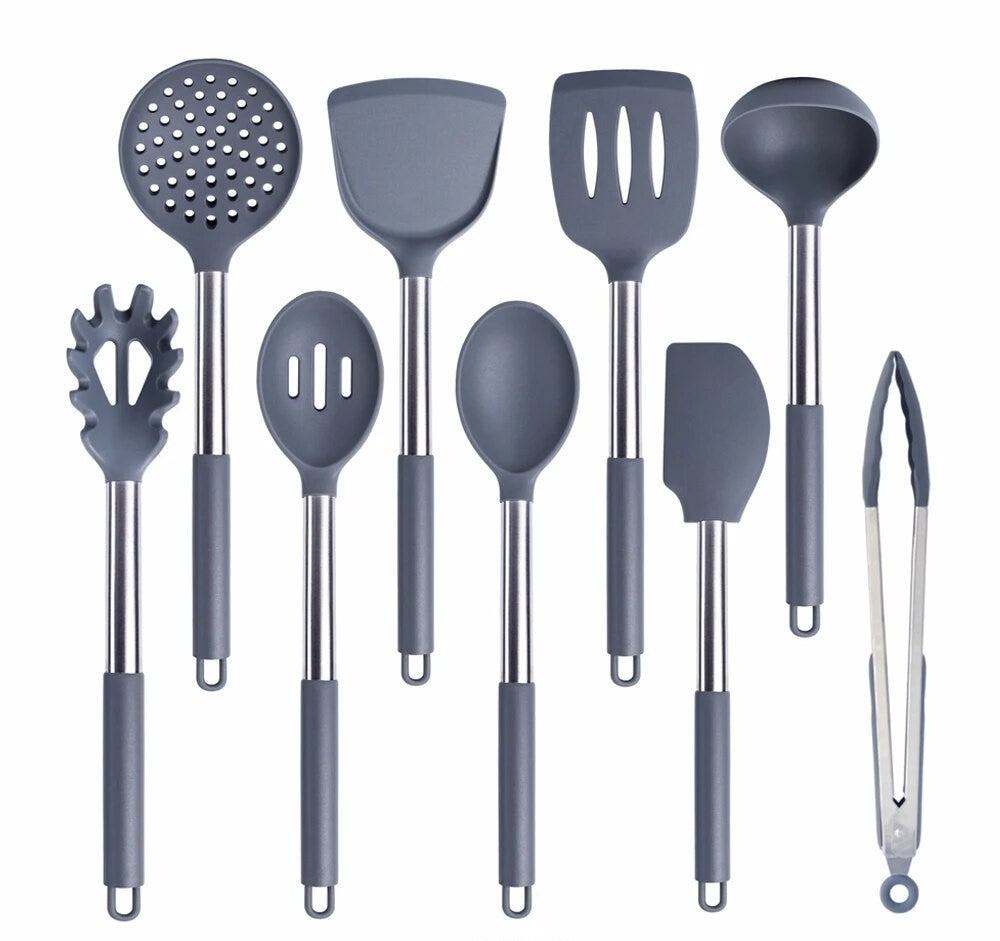 Anygleam Kitchen Utensils Non-stick Grey/ Silver 9 Set Cooking Tool Accessories Heat Resistant Kitchenware-PEROZ Accessories