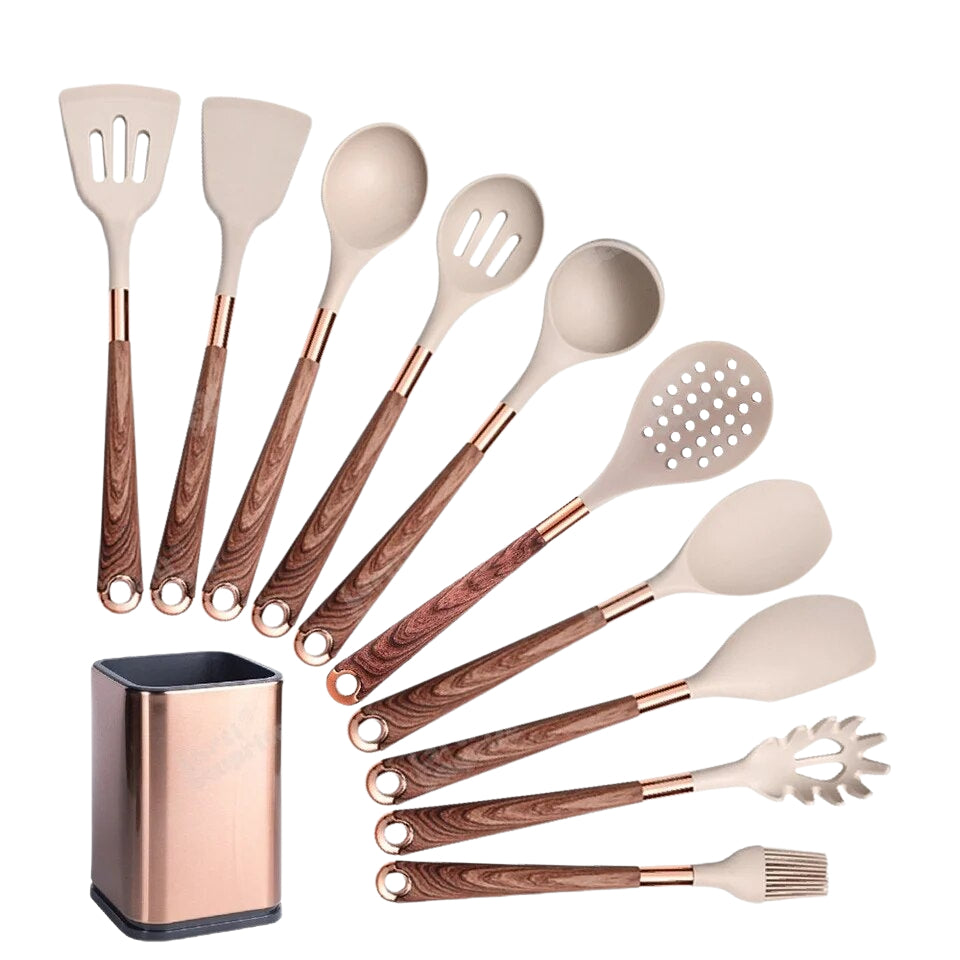 Anygleam Kitchen Utensils Non-stick Brown 10 Set Gold Plated Handle with Support Point and Storage Box Cooking Tool Accessories Heat Resistant Kitchenware-Spatula and Shovel-PEROZ Accessories