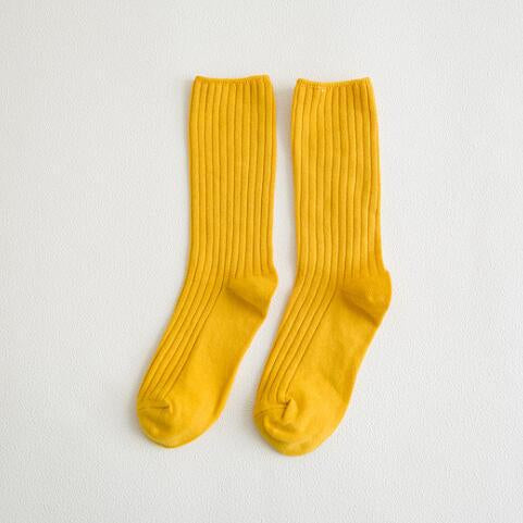 Anysox 5 Pairs One Size 36-43 Yellow Retro Long Knitted Socks Cotton Autumn Winter Solid Color Women Student Girls-Socks-PEROZ Accessories
