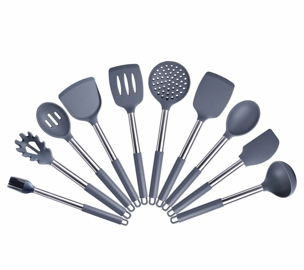 Anygleam Kitchen Utensils Non-stick Grey/ Silver 10 Set Cooking Tool Accessories Heat Resistant Kitchenware-Spatula and Shovel-PEROZ Accessories