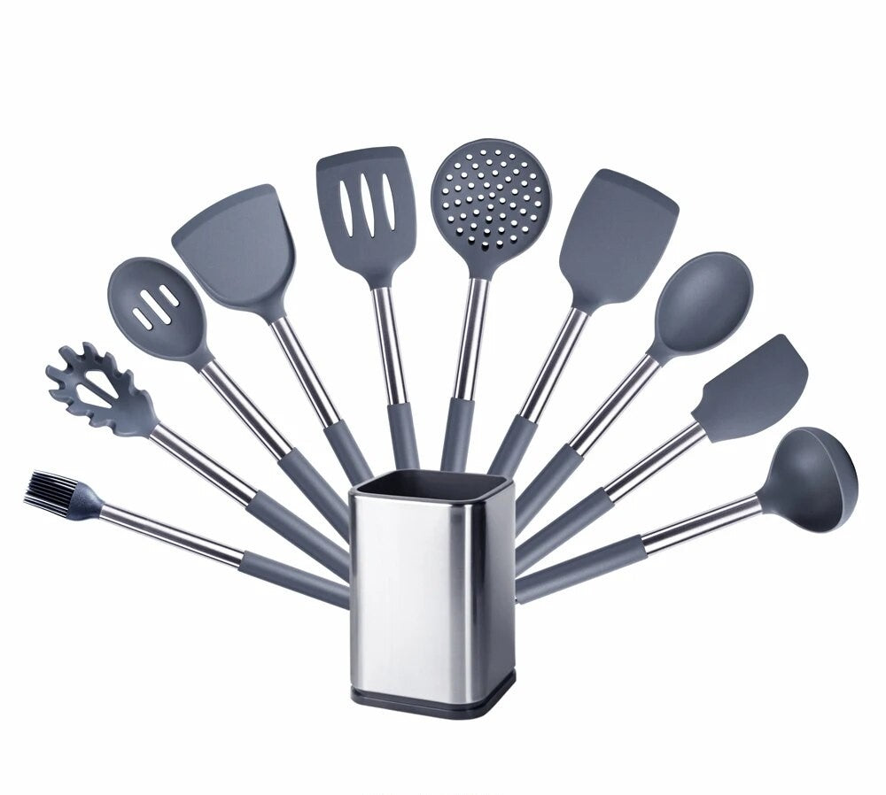 Anygleam Kitchen Utensils Non-stick Grey/ Silver 10 Set Cooking Tool with Storage Box Accessories Heat Resistant Kitchenware-Spatula and Shovel-PEROZ Accessories