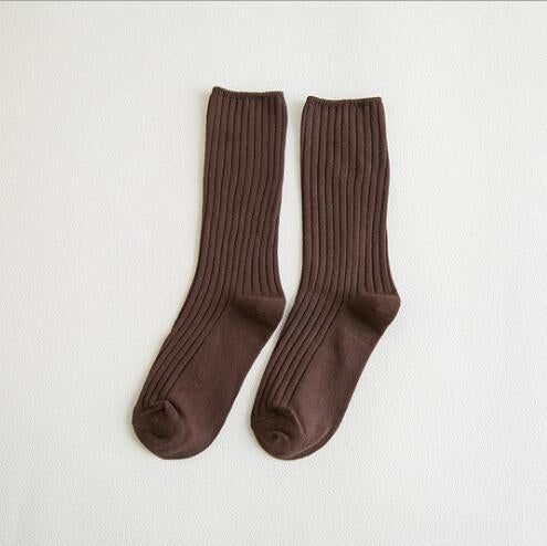 Anysox 5 Pairs One Size 36-43 Brown Retro Long Knitted Socks Cotton Autumn Winter Solid Color Women Student Girls-Socks-PEROZ Accessories